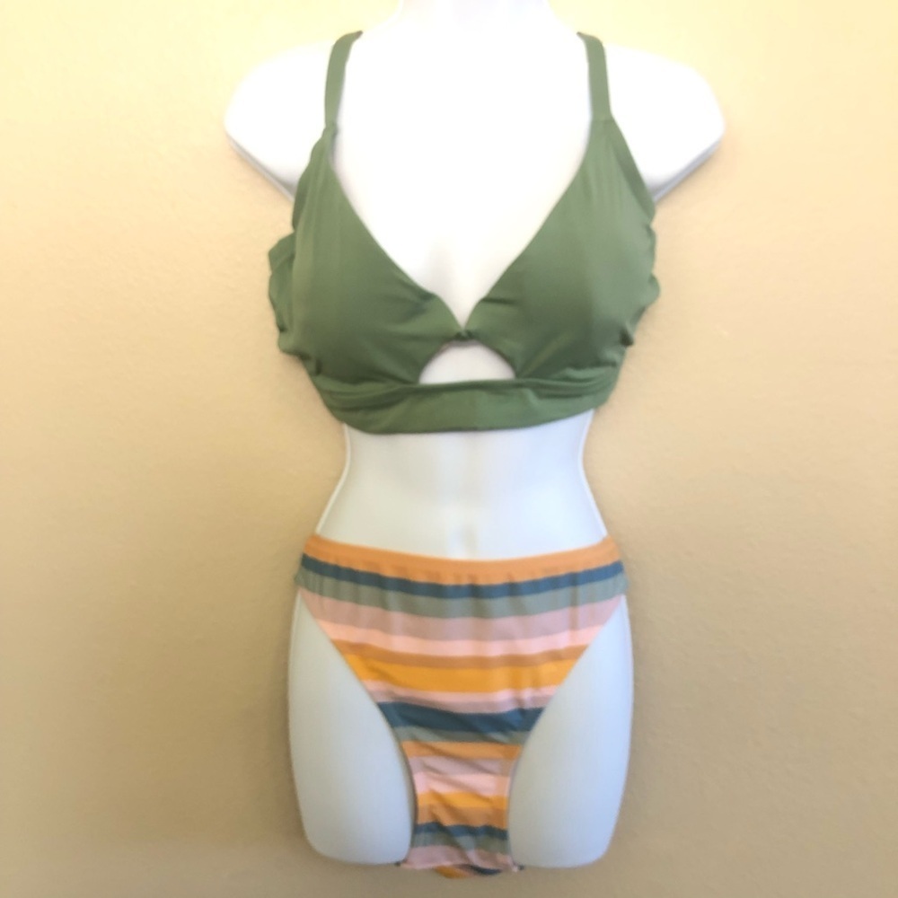 Shade & Shore Longline Cut-Out Bikini Top Striped Hipster Bikini Set38DD/XL16-18